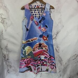 Animapop Dress Women 6 Small Blue Reversible Neoprene Modge Podge Artsy To Wear